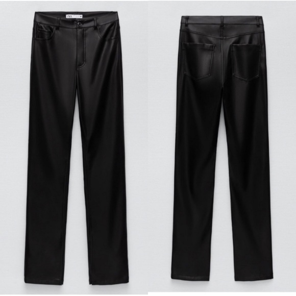 Zara Black Faux Leather Straight Leg Parted Ankle Pants - Picture 2 of 13